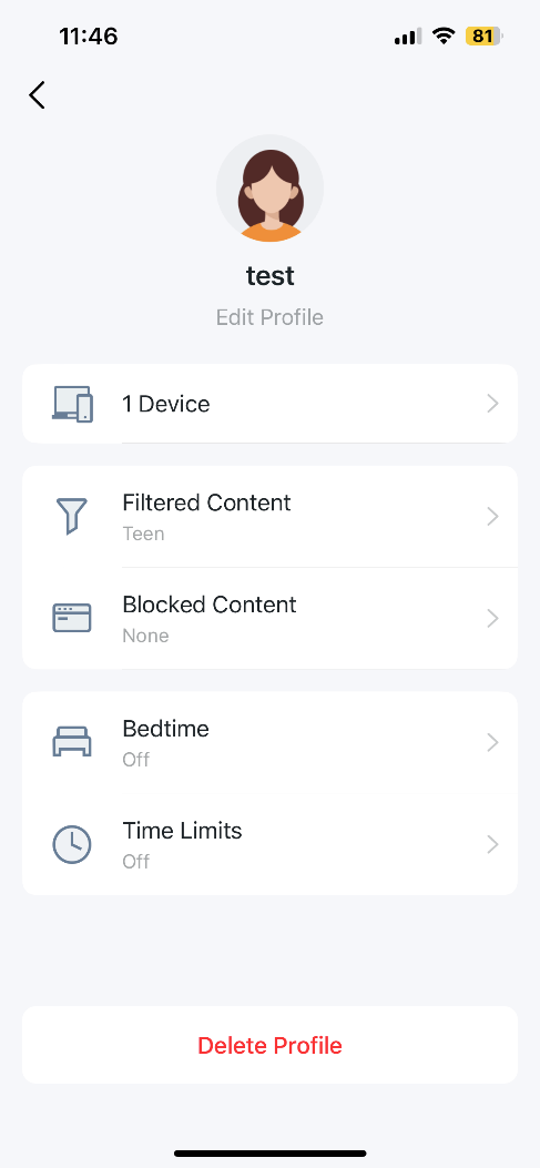 The page of parental control settings, including Device, Filtered Content, Blocked Content, Bedtime, and Time Limits.