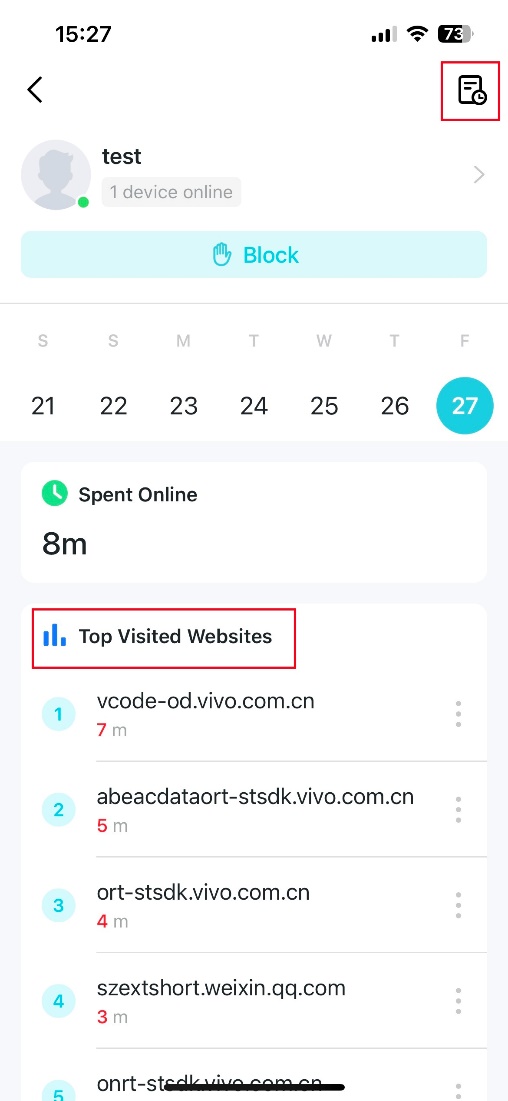 The record icon in the upper right corner and the records of the visited websites.