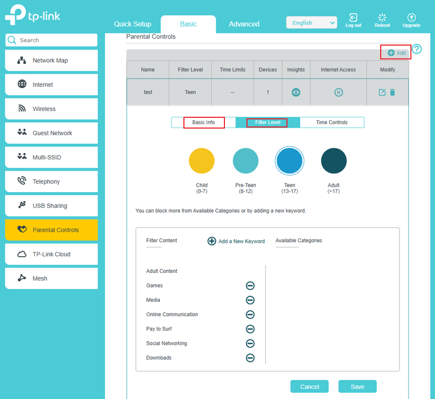 The page of the Parental Controls.