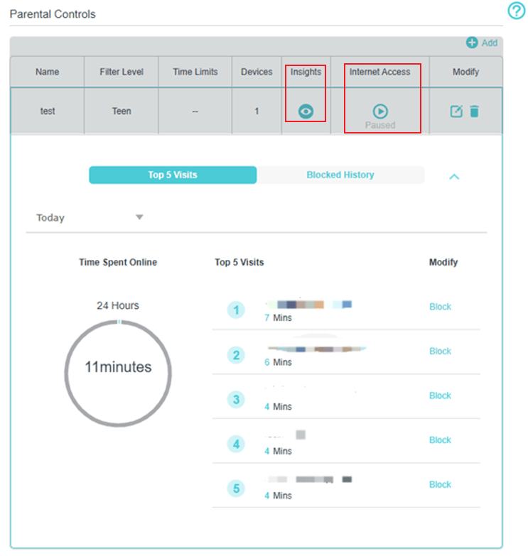 The buttons of Insights and Pause in the Parental Controls page.