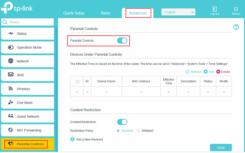 Parental Controls settings page in the web interface.