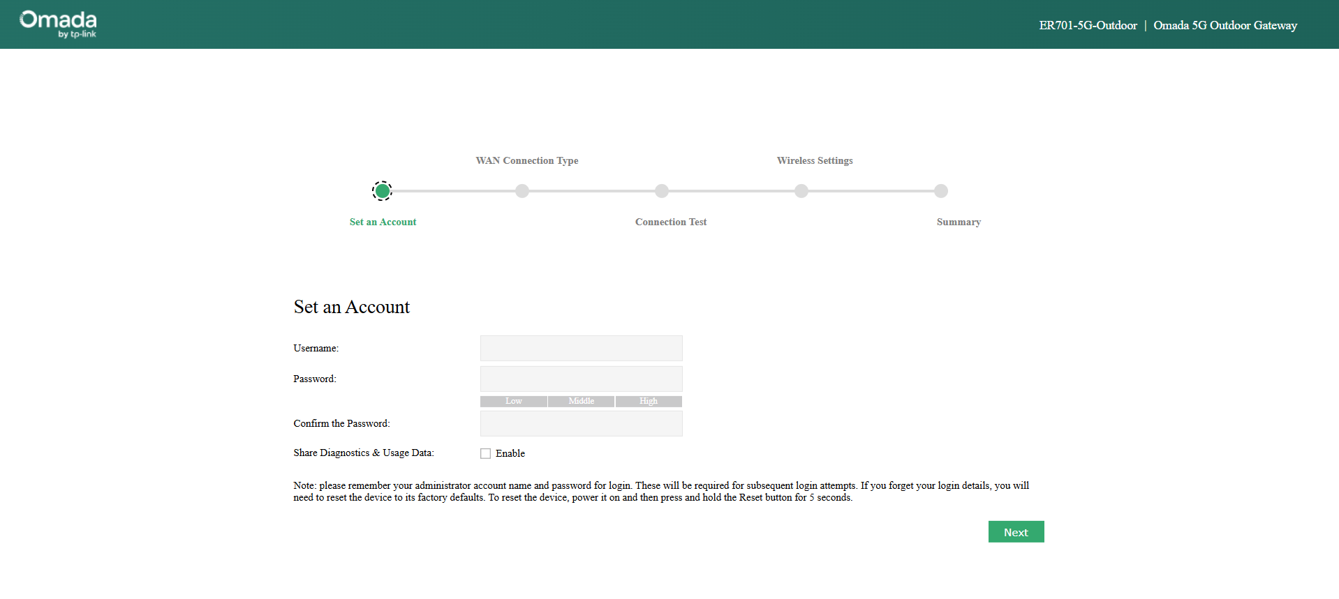 Show the account setup page in Web UI of ER701-5G-OD.