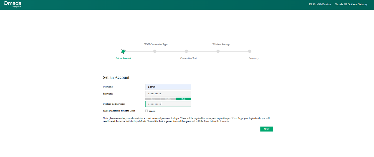 Show the account setup page.