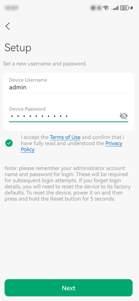 Create a username and password for the device.