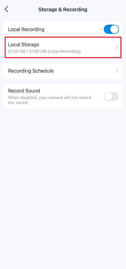 The location of Local storage button on Tapo APP.