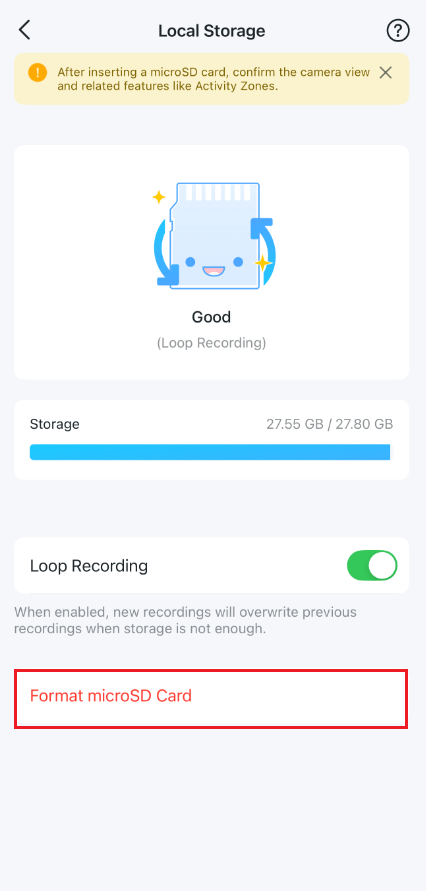 The location of format microSD card button on Tapo APP.