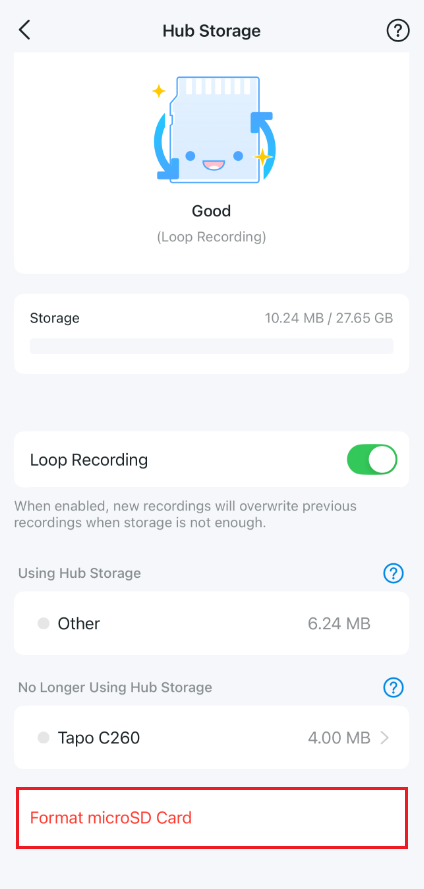 The location of format microSD card button on Tapo APP.