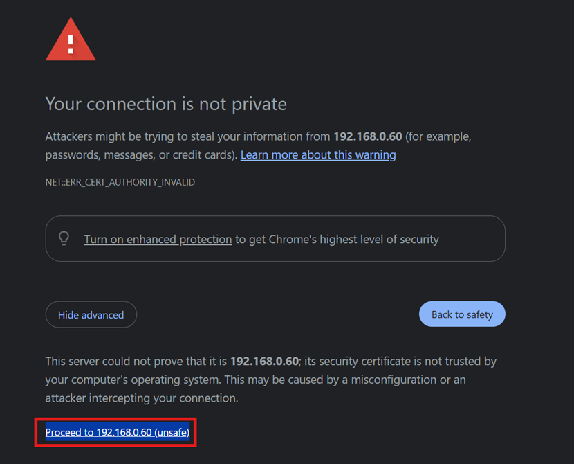Screenshot of the browser’s privacy warning.