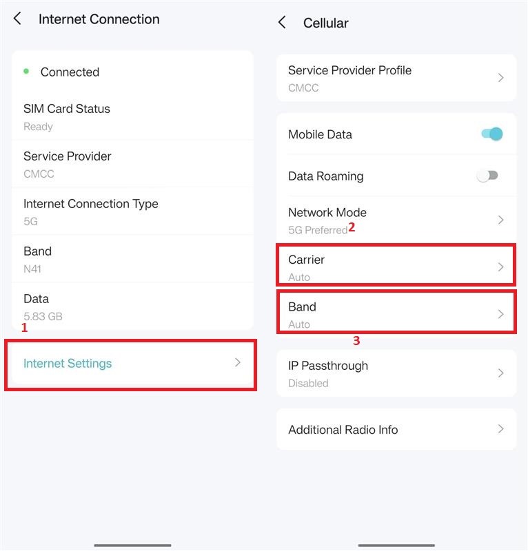 The location of Carrier and Band information on Aginet app.