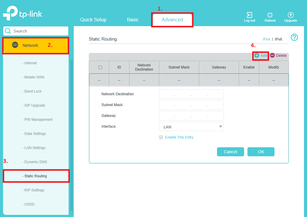 The setting page of static routing.