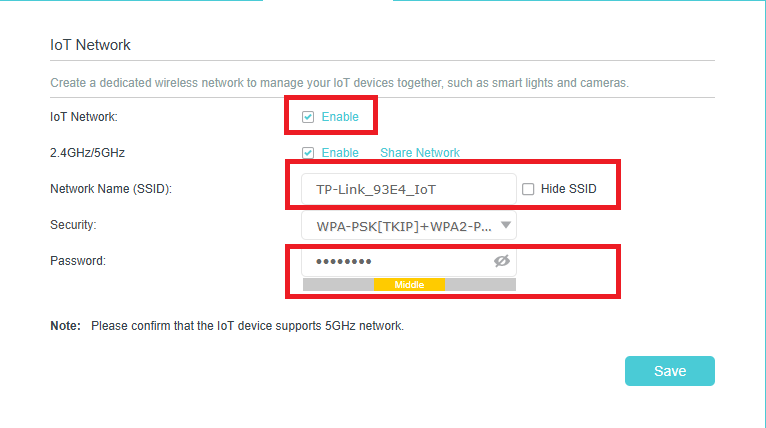 IoT Network settings page.