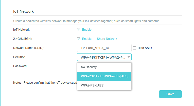 Security configuration page for IoT Network.
