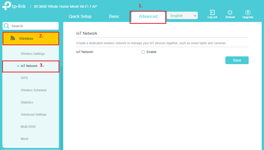 IoT Network menu location in the web interface.