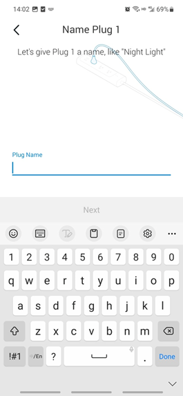 The screen for entering a name for an individual outlet on the smart power strip.