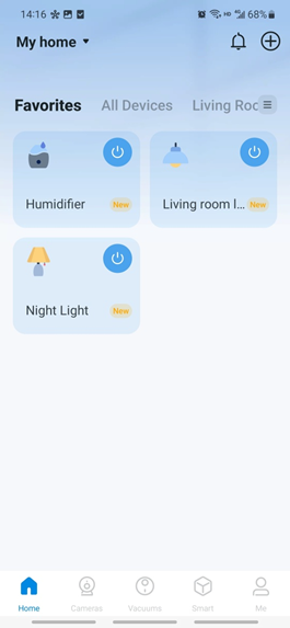 The newly added devices displayed on the Tapo app home page.