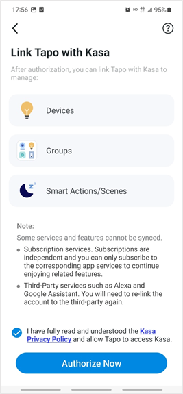 Authorize access to link your Kasa account with the Tapo app.