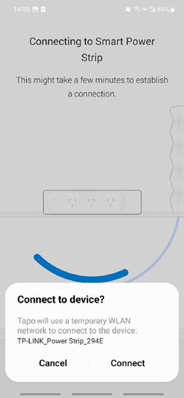 The phone connecting to the smart power strip using a temporary Wi‑Fi network.