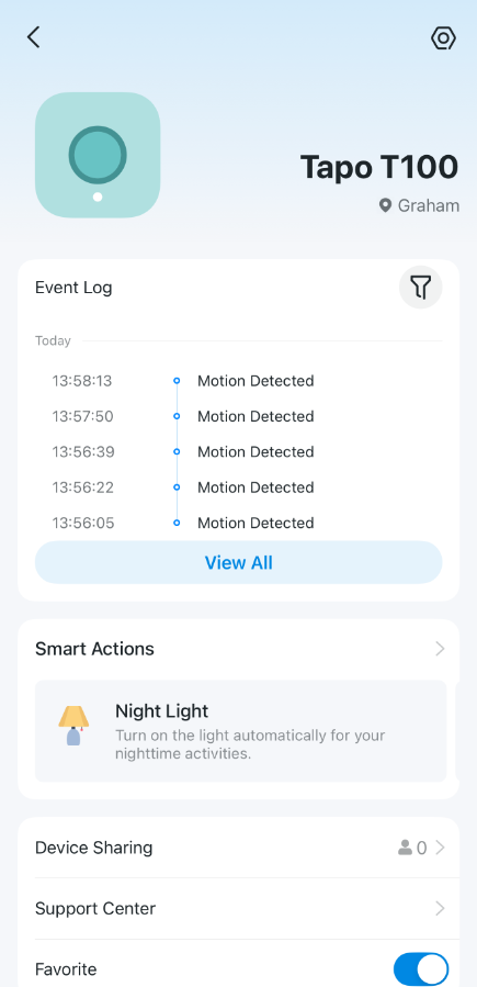 Tapo app device status page showing the Event Log for a Tapo T100 sensor, where recent activities such as Motion Detected are listed. Users can tap View All to view the device's complete activity history.