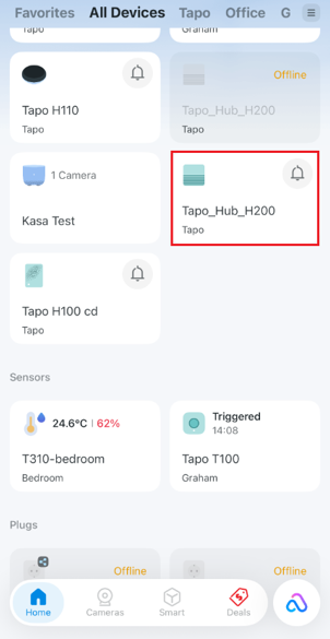 The location of the device card on home page of the Tapo APP.
