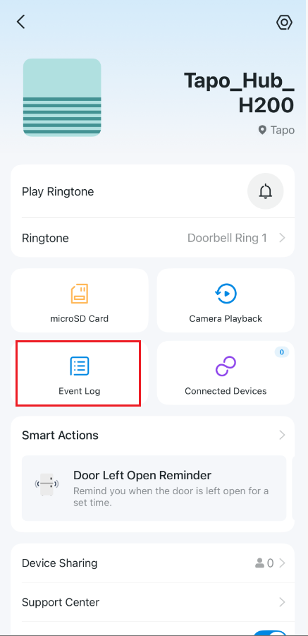 The location of event log option on Tapo APP.