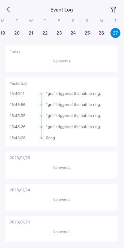 Event Log page in the Tapo app showing detailed activity records by date and time, including hub‑triggered events and ring actions. Users can scroll to view historical events and tap the filter icon to refine the activity list.