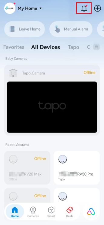 Notification icon on Tapo app.