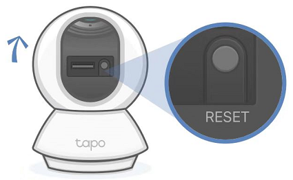 Illustration of a Tapo Pan & Tilt Security Camera with the camera lens tilted upward, showing the RESET button located behind the lens.