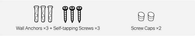 Illustration of the mounting accessories, including three wall anchors, three self‑tapping screws, and two screw caps.