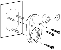 Illustration showing the camera mounting plate being fixed to the wall using wall anchors and screws. The screws are aligned with the holes on the plate and driven into the wall anchors.