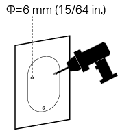 Illustration showing a drill creating mounting holes using a 6 mm (15/64 in.) bit on a wall, aligned with the screw hole positions of the mounting template.