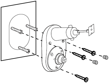 Illustration showing the camera and mounting bracket being fixed to the wall. Wall anchors are inserted into the drilled holes, and screws are aligned through the bracket into the anchors. Screw caps are shown on the side for final installation.
