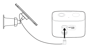Illustration showing the connected cable being plugged into the charging port on the back of the camera.