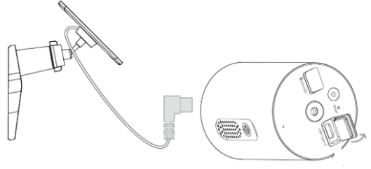 Illustration showing the L‑shaped Type‑C connector being aligned with and inserted into the camera’s charging port.
