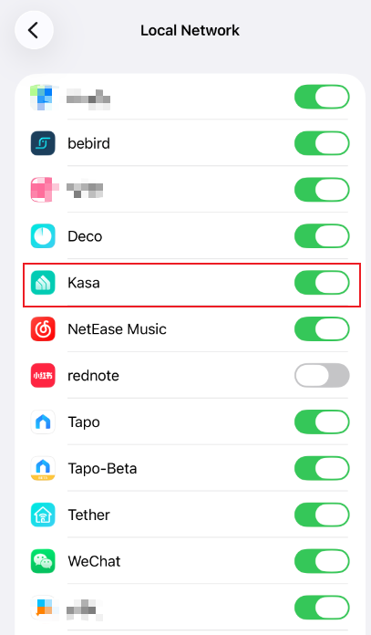 Toggle on local network for Kasa app.