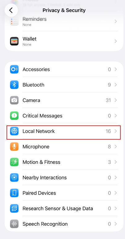 Open Privacy & Security and tap Local Network.