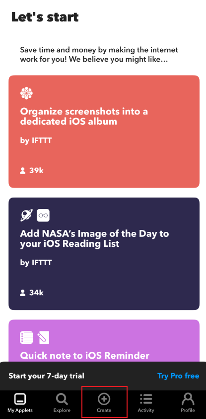 The location of “Create” button in IFTTT app.