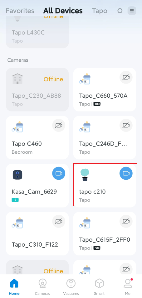 Tap the camera or doorbell model card in the Tapo app home page.