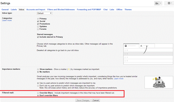 Select “Don’t override filters” in the filtered mail settings.