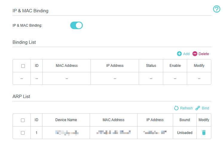 The location of the “Enable IP & MAC Binding” switch in the router web interface.
