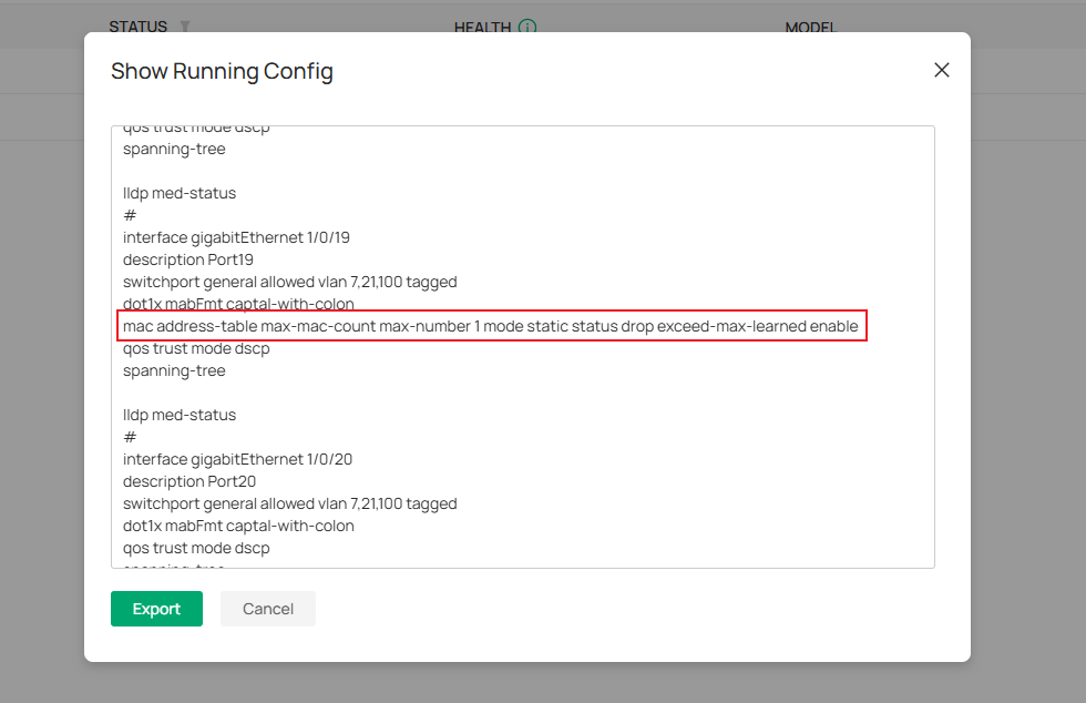 Port configuration details in running config.