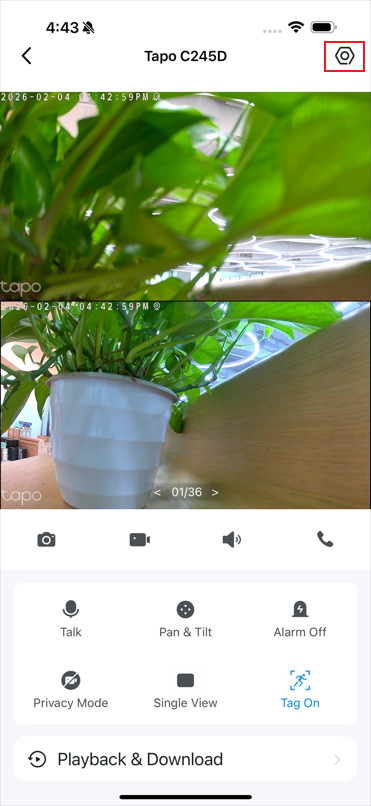 Settings icon on the Live View page.