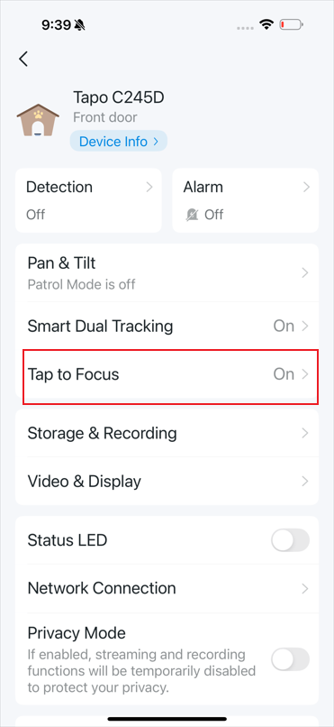Tap to Focus feature entry.