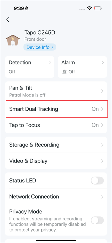 Smart Dual Tracking feature entry.