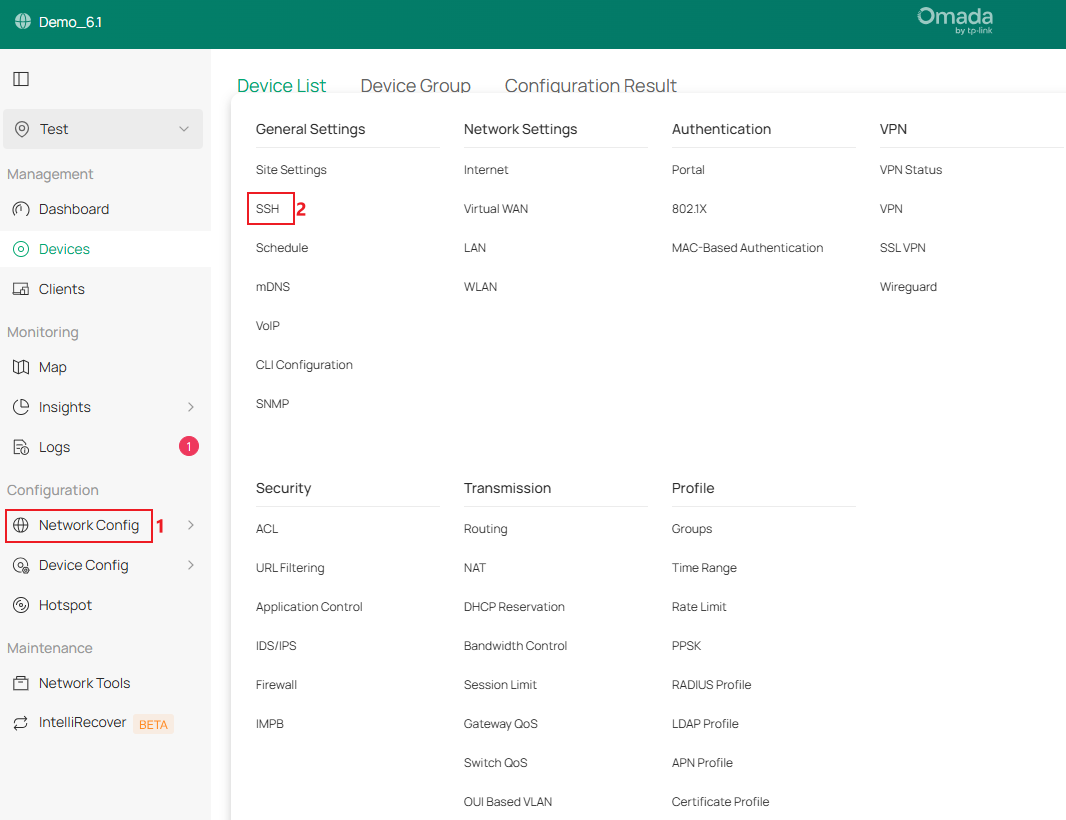 Show the process of entering SSH configuration menu on the controller.