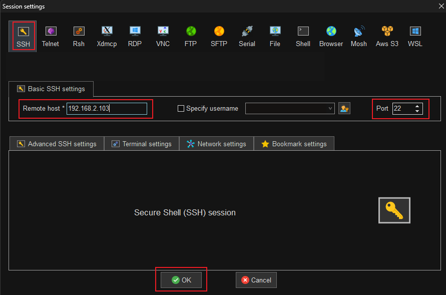Show the SSH session configuration menu on the terminal software.