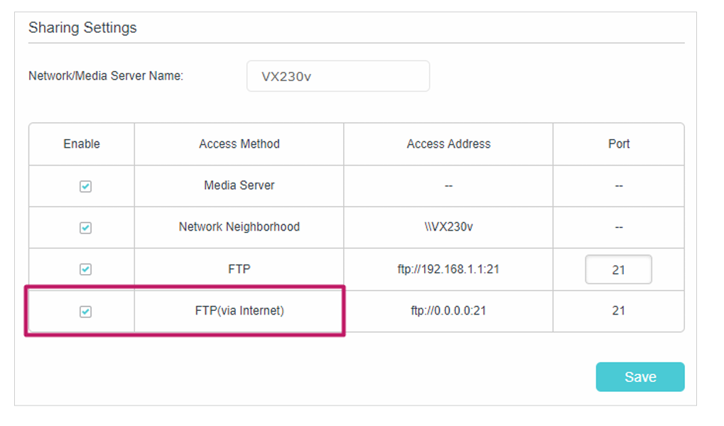 Click save to enable the Internet FTP service.