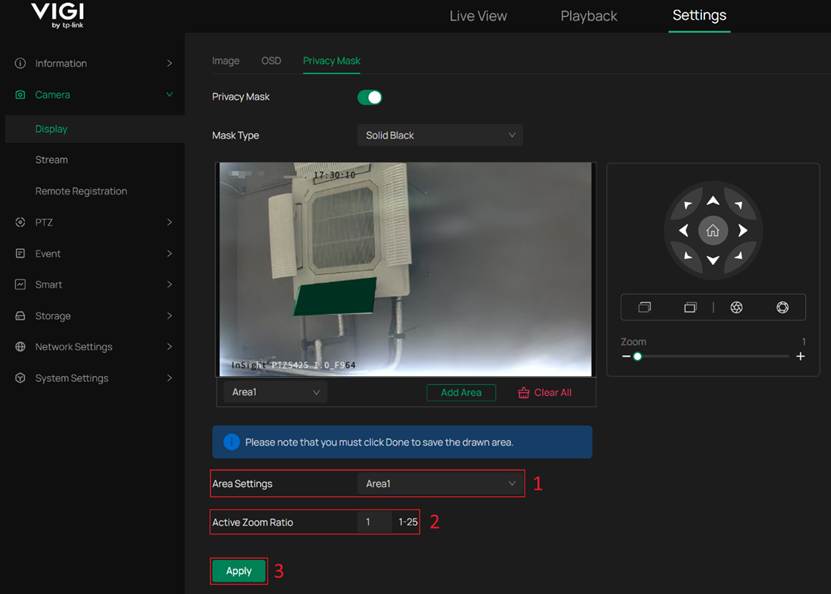 Selecting and configuring the Active Zoom Ratio for the privacy mask area.