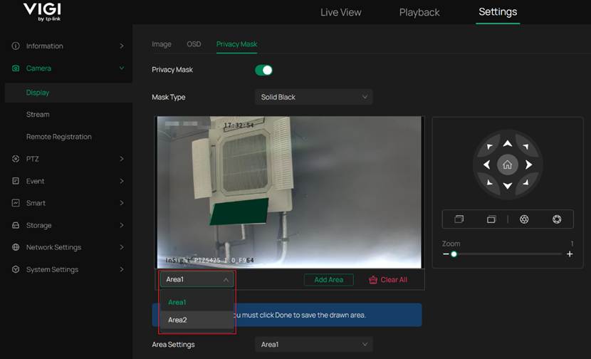 Selecting Area2, the camera automatically adjusts to the position of Area2.