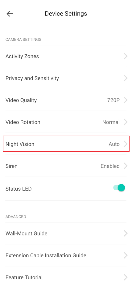 Click on Night Vision in device settings page.