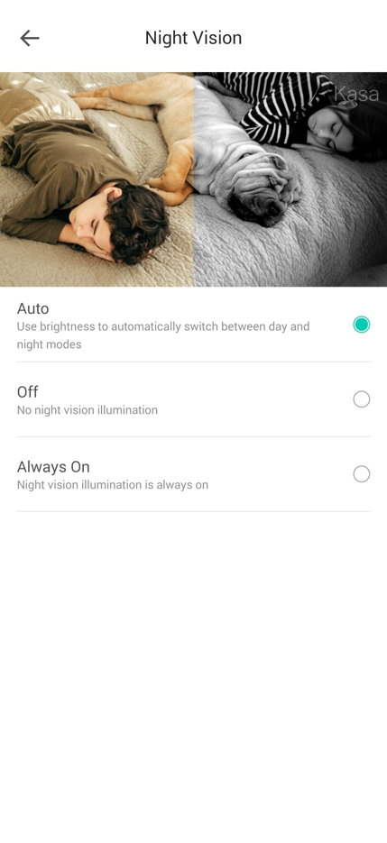 Three Night Vision modes in the Kasa app.
